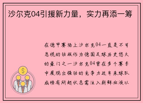 沙尔克04引援新力量，实力再添一筹